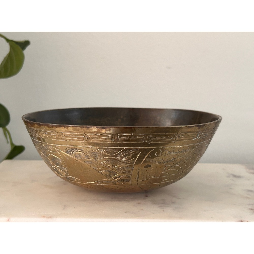 Vintage Chinese Engraved Brass Trinket Bowl Mountain Landscape Decor Chinoiserie